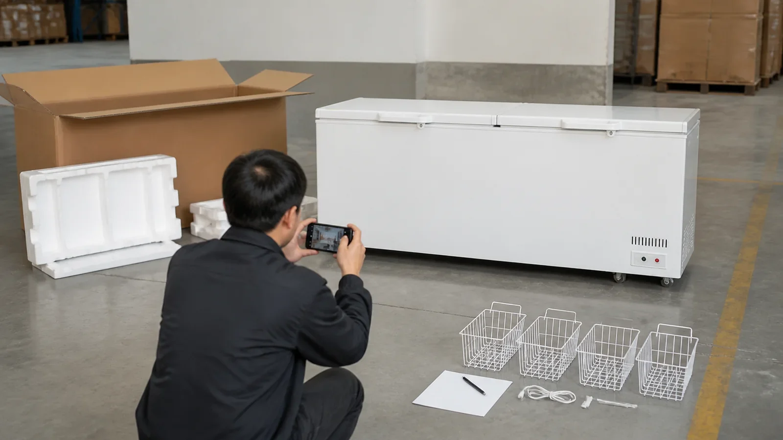 Chest freezer receiving inspection after transit