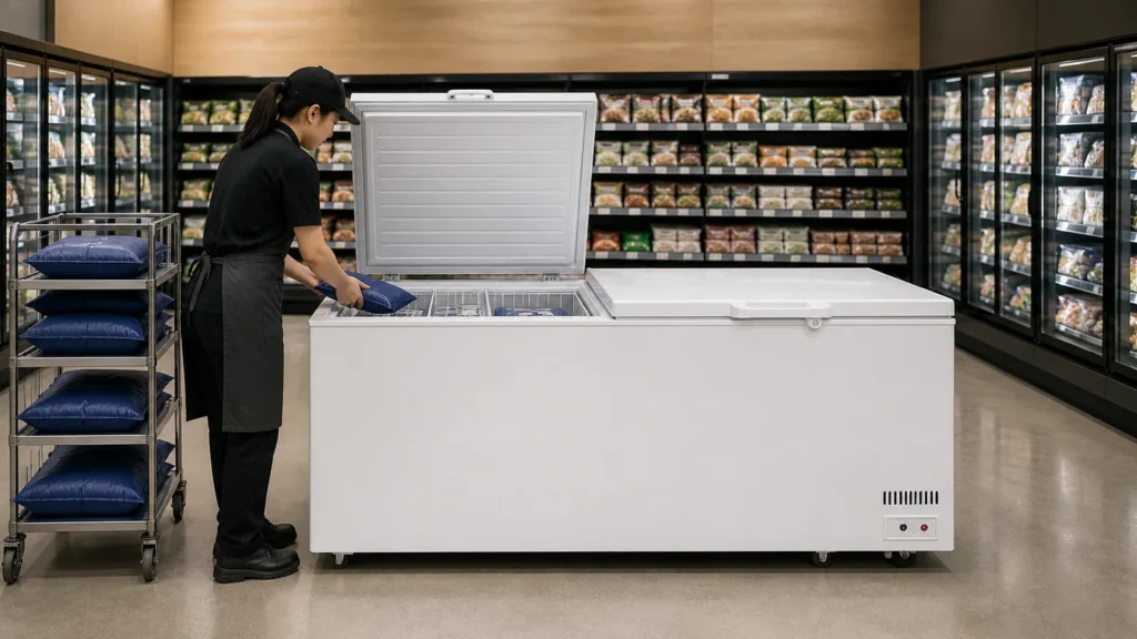 Staff refilling basket zones under one open lid of a twin lid chest freezer