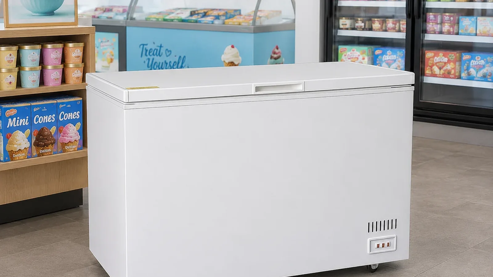 Commercial chest freezer in an ice-cream retail application from the current ICEAGE media library
