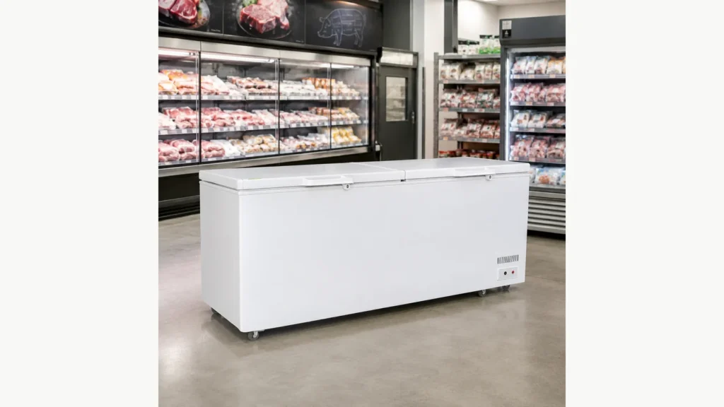 Commercial chest freezer occupying retail floor space in a frozen meat store
