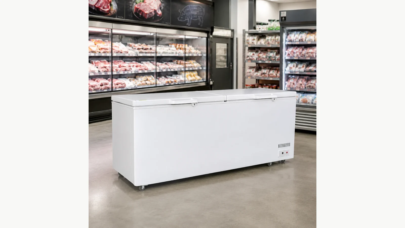 Commercial chest freezer occupying retail floor space in a frozen meat store