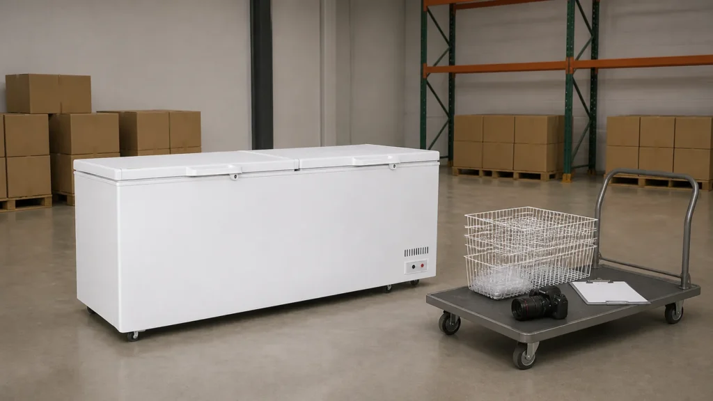 Commercial chest freezer prepared for seasonal warehouse return with baskets and records organized