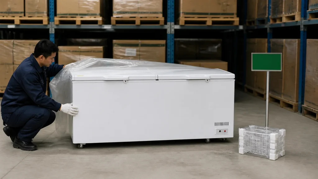 Twin solid lid chest freezer under controlled warehouse hold before dispatch