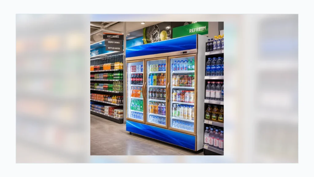 Commercial beverage cooler retail display with glass doors and bottled drinks