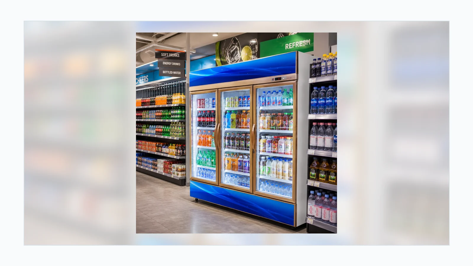 Commercial beverage cooler retail display with glass doors and bottled drinks