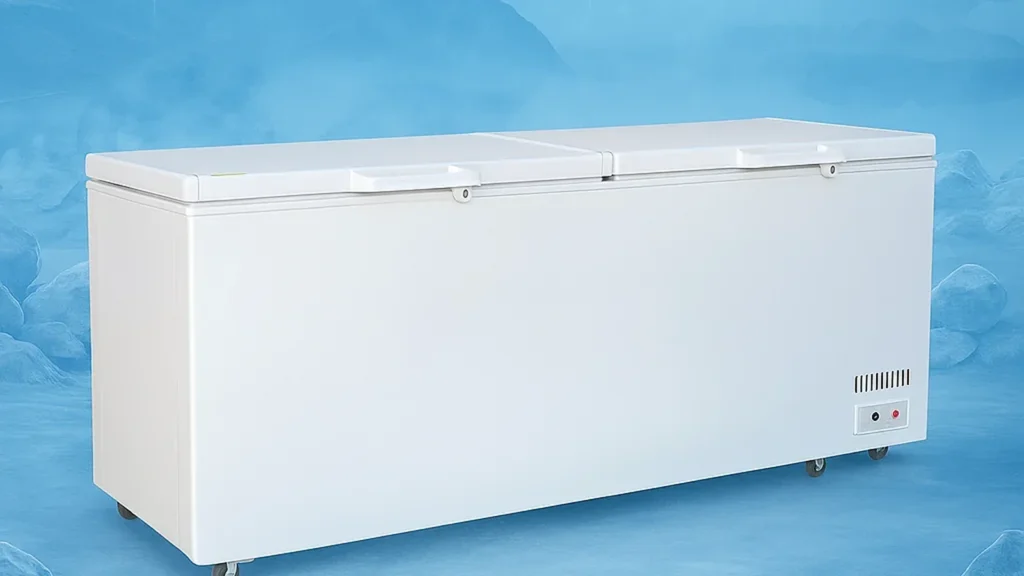 Commercial chest freezer for frozen food storage and display