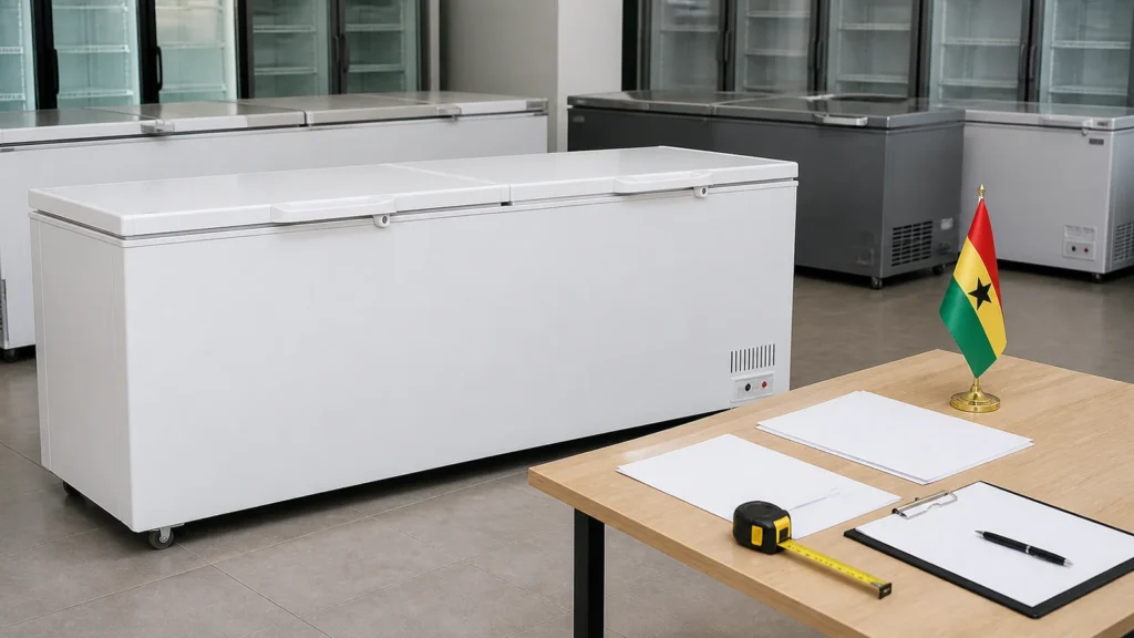 Commercial chest freezer with blank RFQ documents and a Ghana desk flag