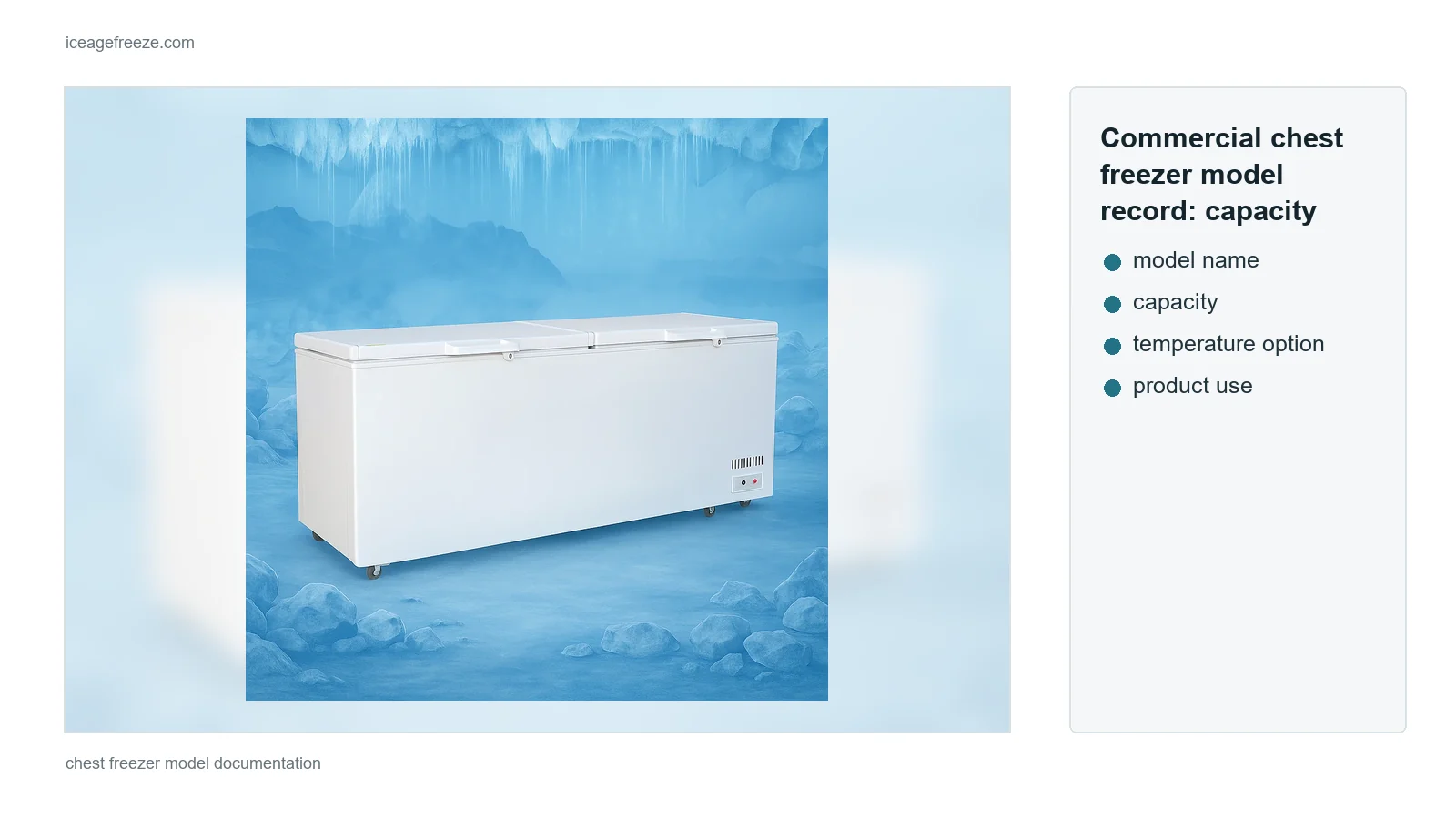 Commercial chest freezer model record with capacity details