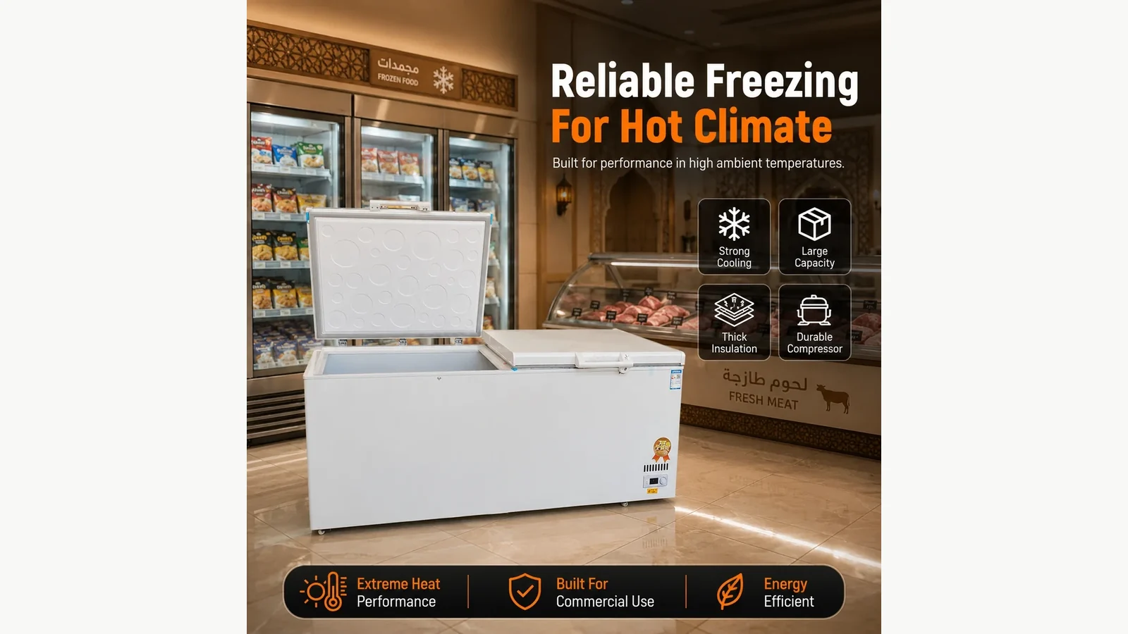 Commercial solid-lid chest freezer from the approved current product reference