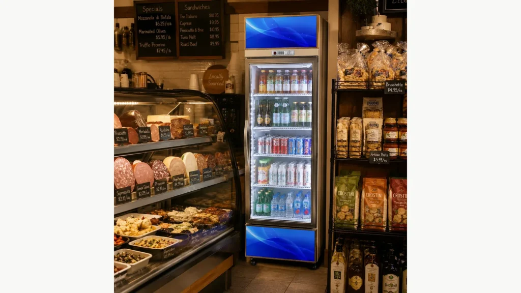 Single-door beverage cooler positioned beside a real deli display counter