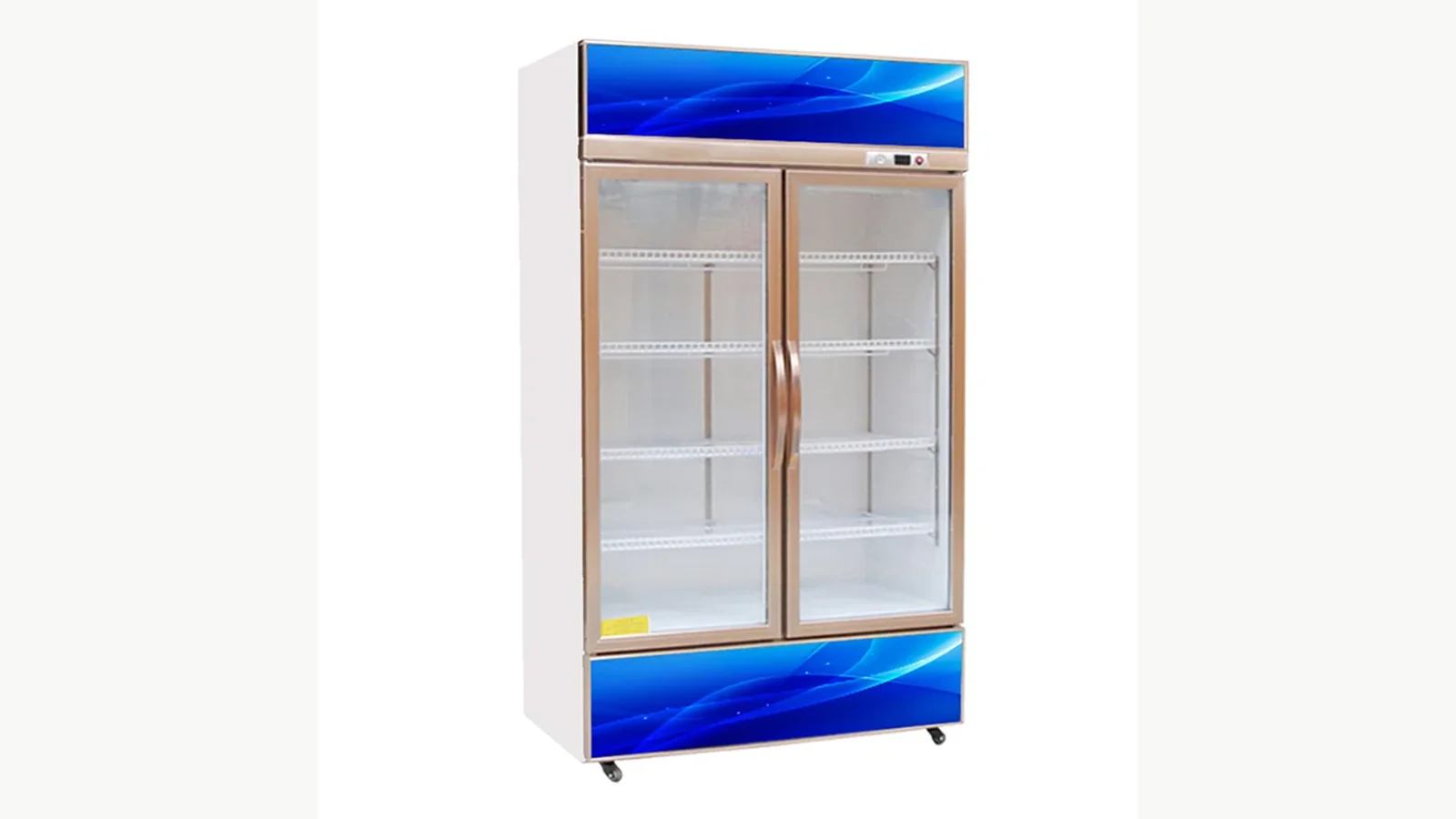 Double-door beverage cooler used as an exact product-family reference before comparing model data