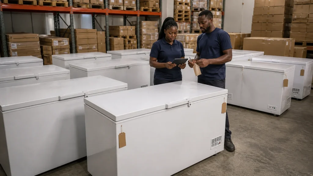 Ghana distributor staff reconciling model-specific chest freezer stock
