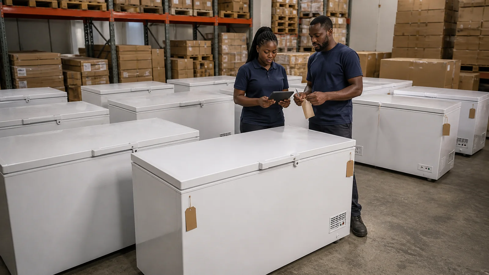 Ghana distributor staff reconciling model-specific chest freezer stock