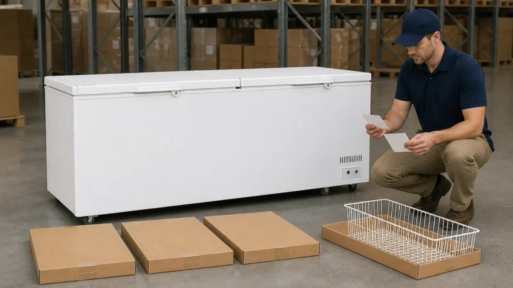 Commercial chest freezer and accessory custody reference for delivery-route planning
