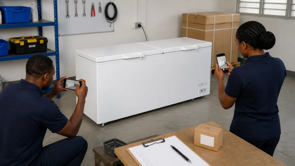 Ghana distributor support staff photographing a commercial chest freezer for a service request