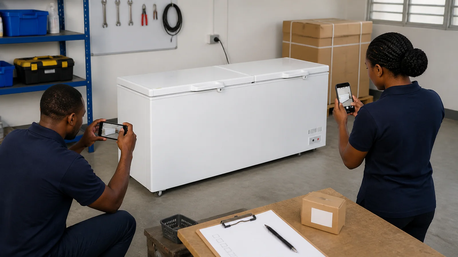 Ghana distributor support staff photographing a commercial chest freezer for a service request