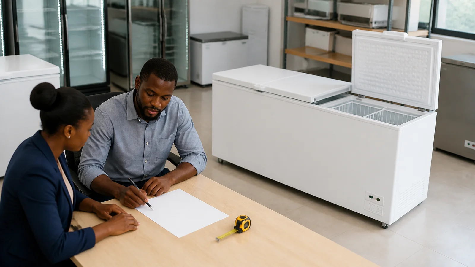 Ghana dealer and distributor reviewing a blank order form beside an open chest freezer