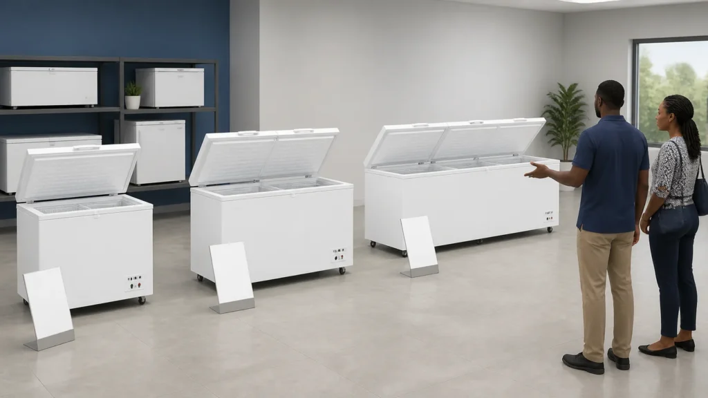 Distributor and buyer comparing several white chest freezer sizes in a showroom