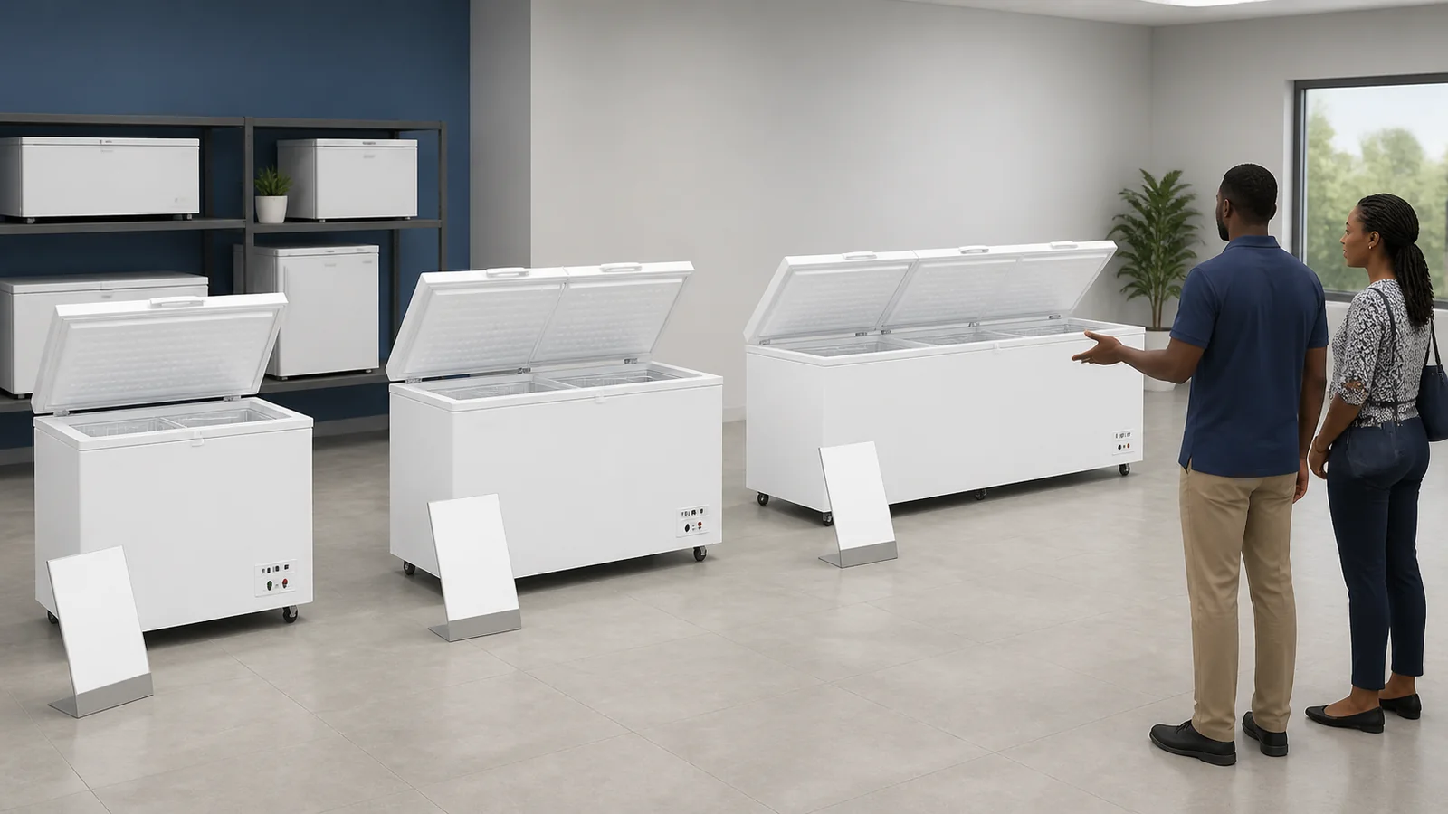 Distributor and buyer comparing several white chest freezer sizes in a showroom