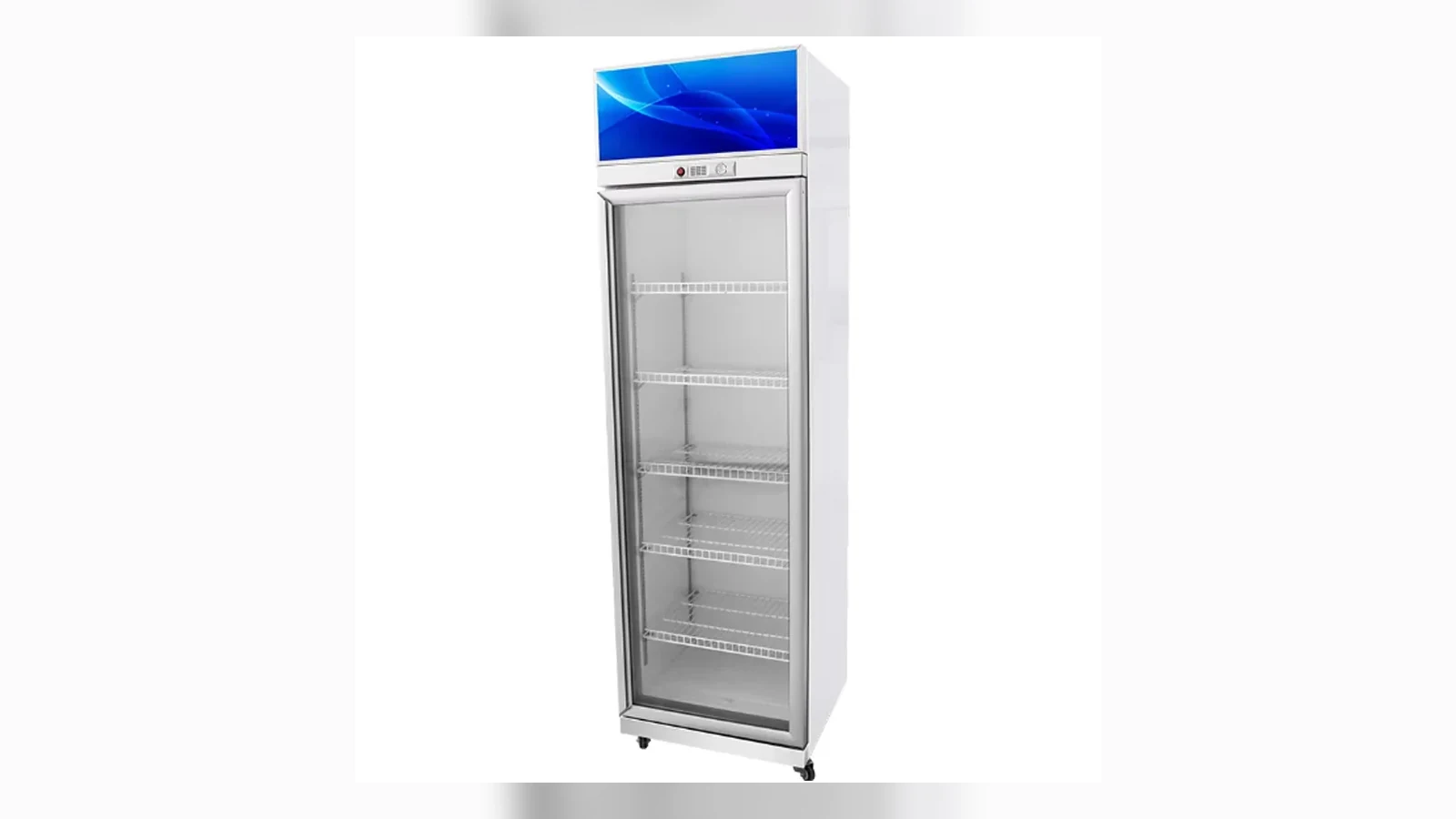 Glass door beverage cooler reference for interior LED lighting visibility