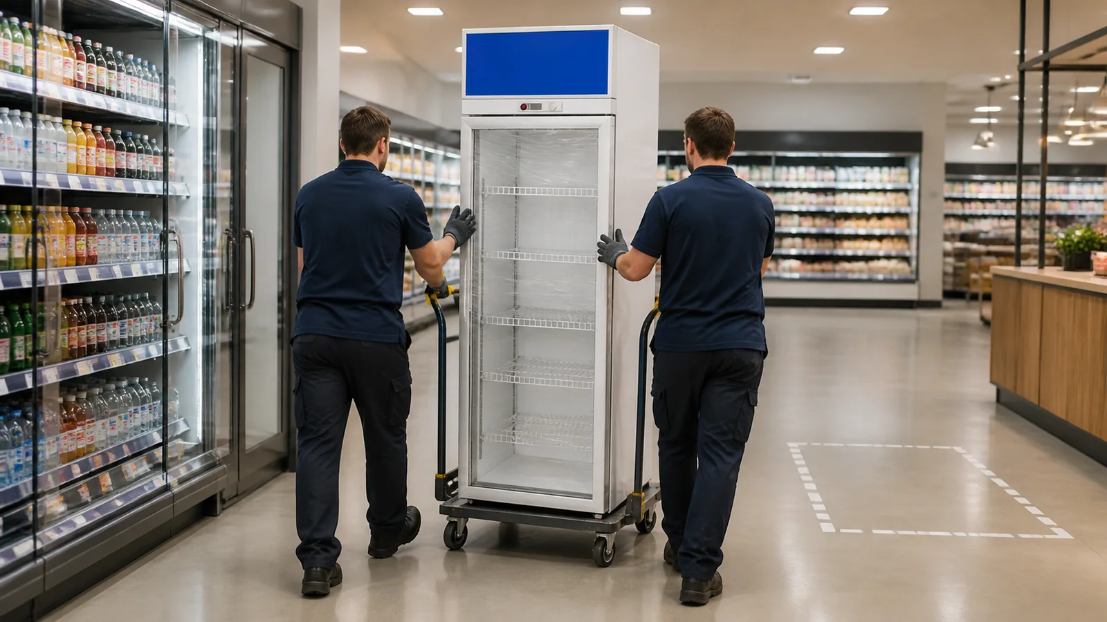 Two handlers moving an empty one-door glass beverage cooler upright on a wheeled platform