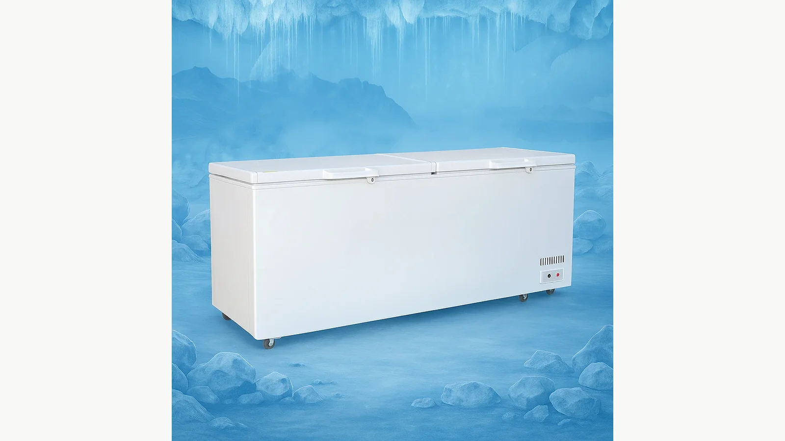 Large commercial chest-freezer lineup reference used to review floor positions and access