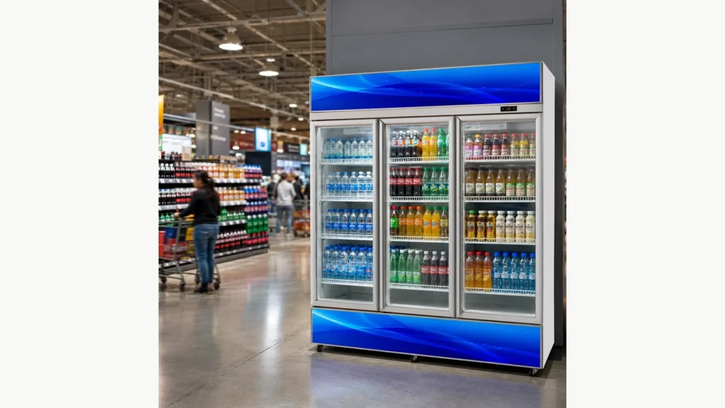 Three-door beverage cooler shown in the exact product page supermarket application image