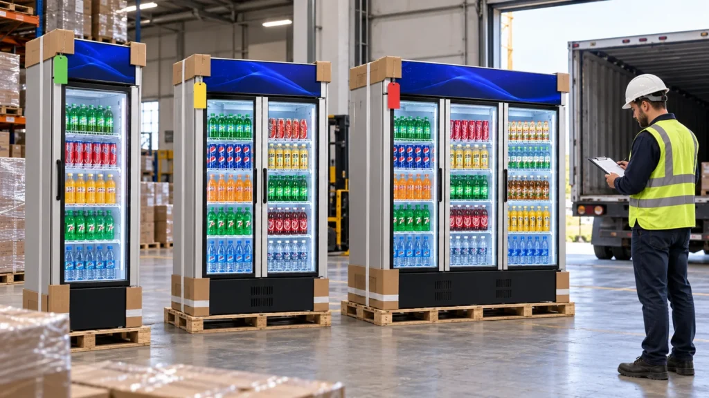 One-door, two-door, and three-door beverage cooler cabinets staged as separate shipment lines