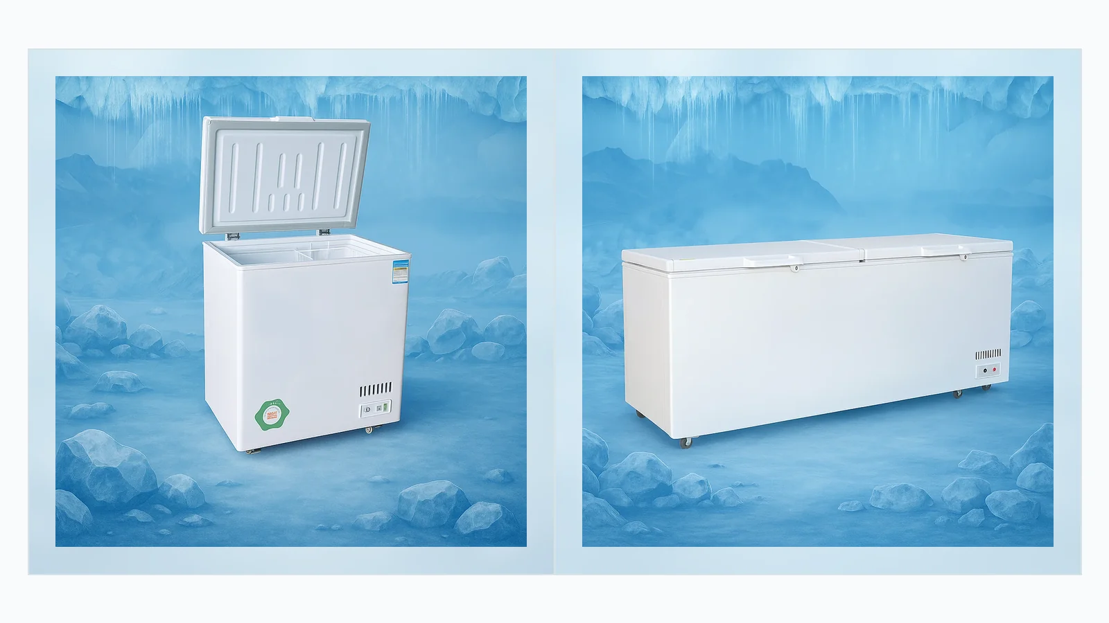 Two commercial chest-freezer body formats used only to visualize one-versus-two configuration planning
