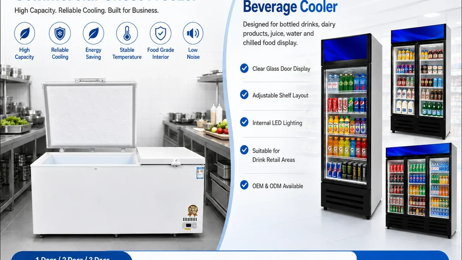 Retail cooling comparison with horizontal chest freezer and vertical beverage cooler