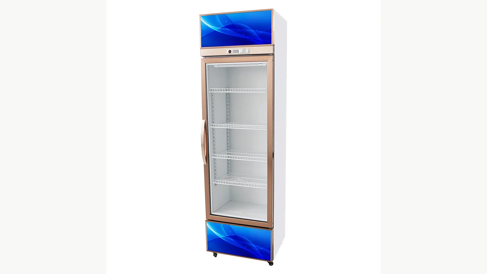 Single-door upright drink cabinet with a full-height glazed display door