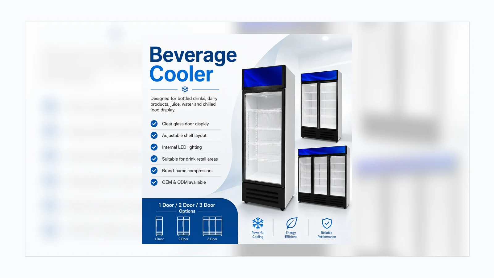 Single double and three door beverage cooler selection for retail stores