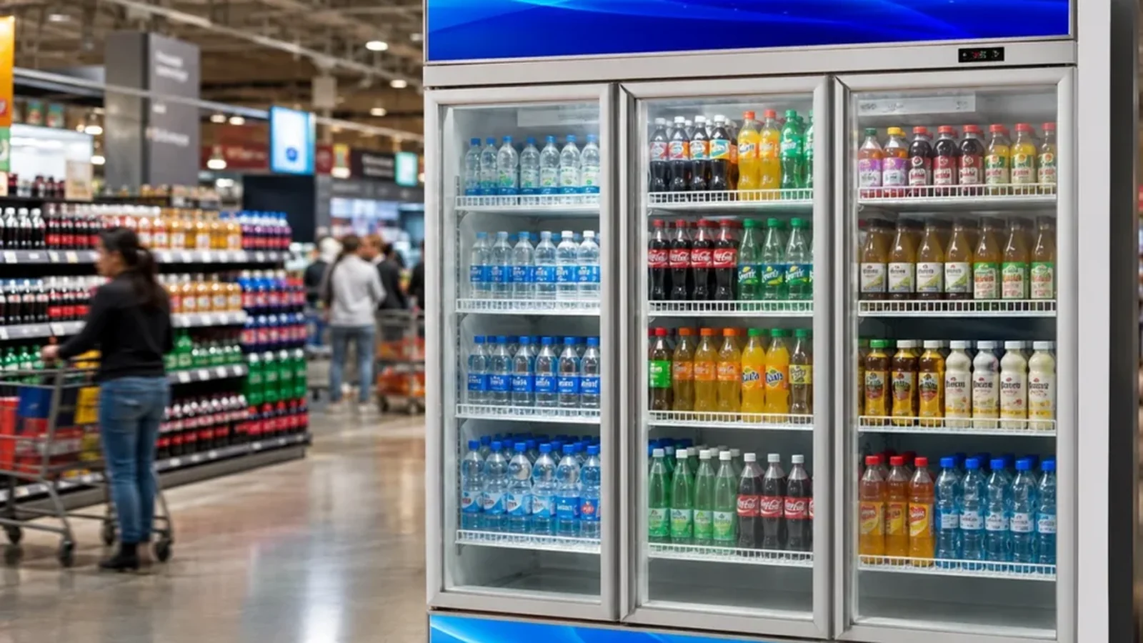 Three-door beverage cooler displayed in a supermarket aisle