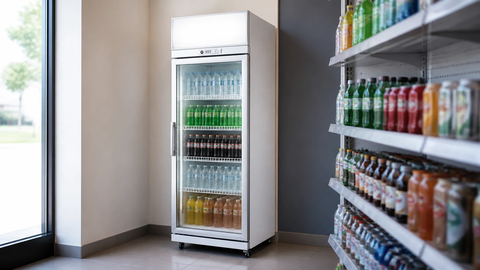 Top-mounted commercial beverage cooler in a retail aisle with clear overhead space